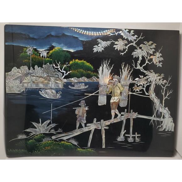 Inlaid Asian Artwork Shell On Black Lacquered Wood Vintage 12x16 Inches - Picture 1 of 15